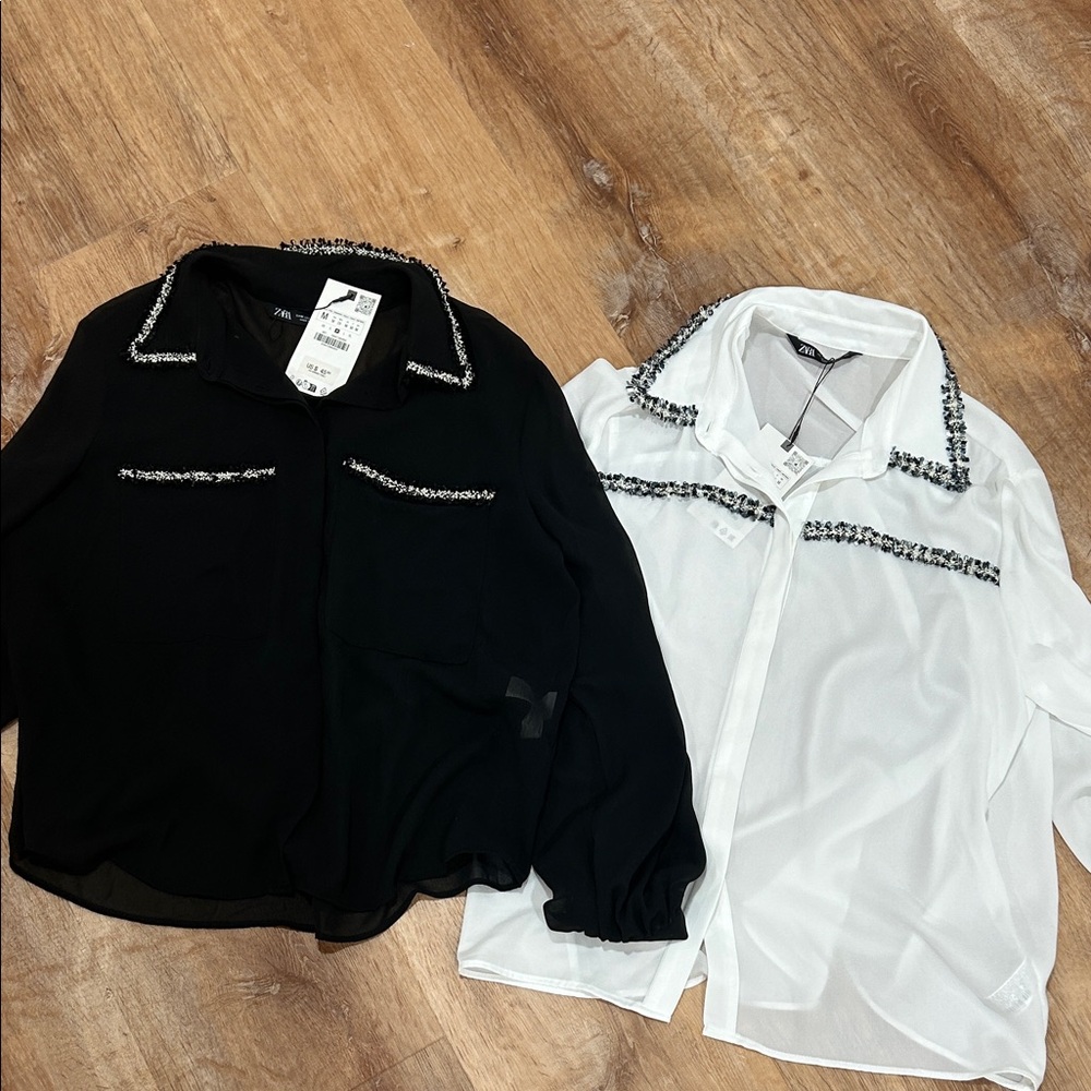 Chic Zara Black and White Blouses with Embellished Collars